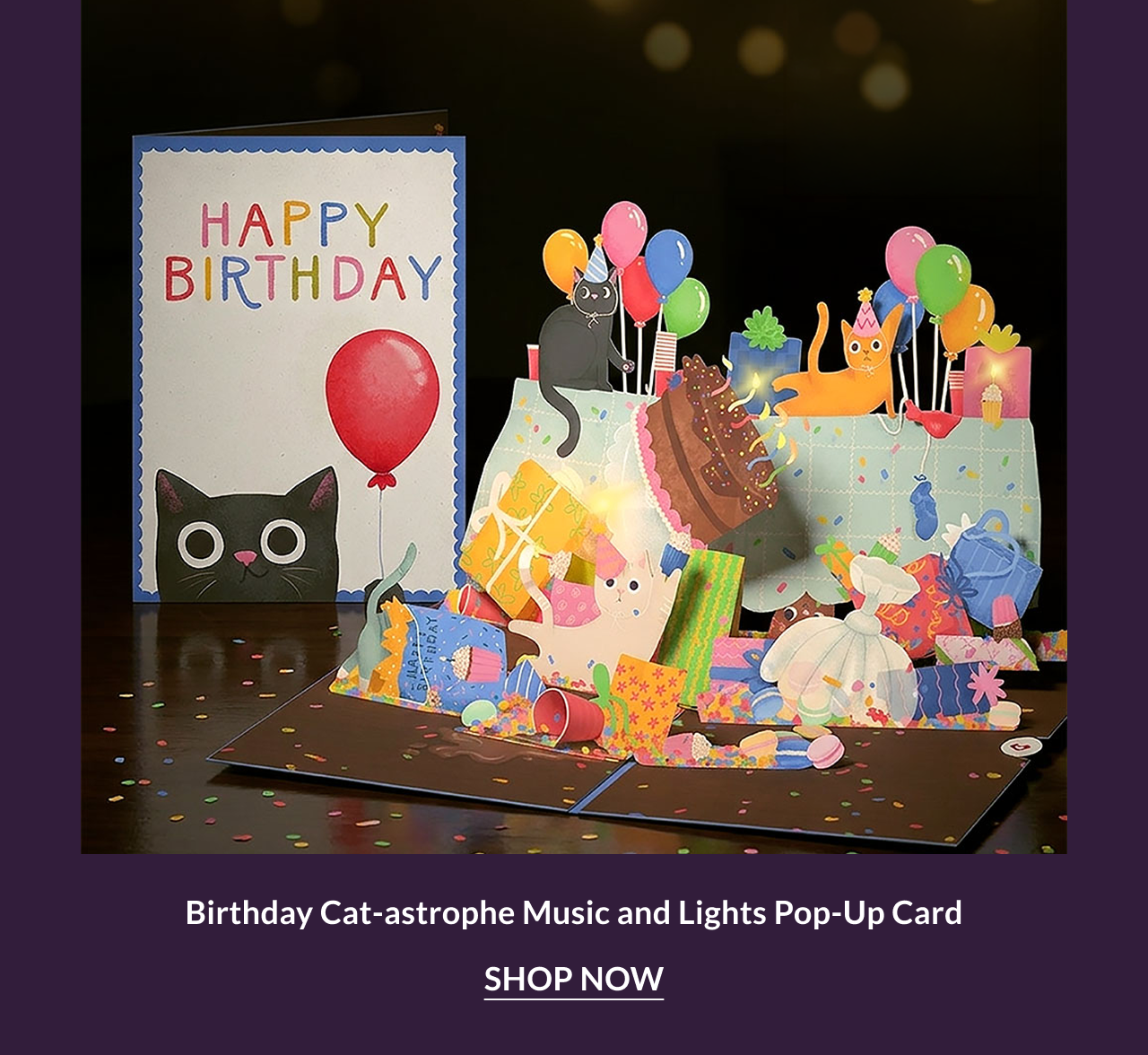 Birthday Cat-astrophe music and lights pop-up card