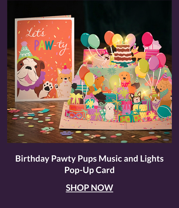 Birthday Pawty Pups music and lights pop-up card