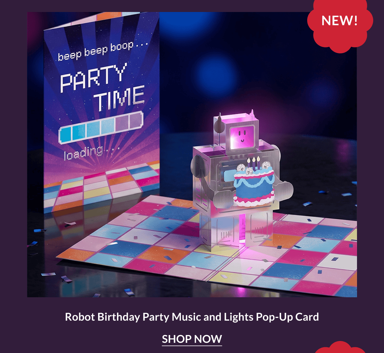 Robot Birthday Party music and lights pop-up card