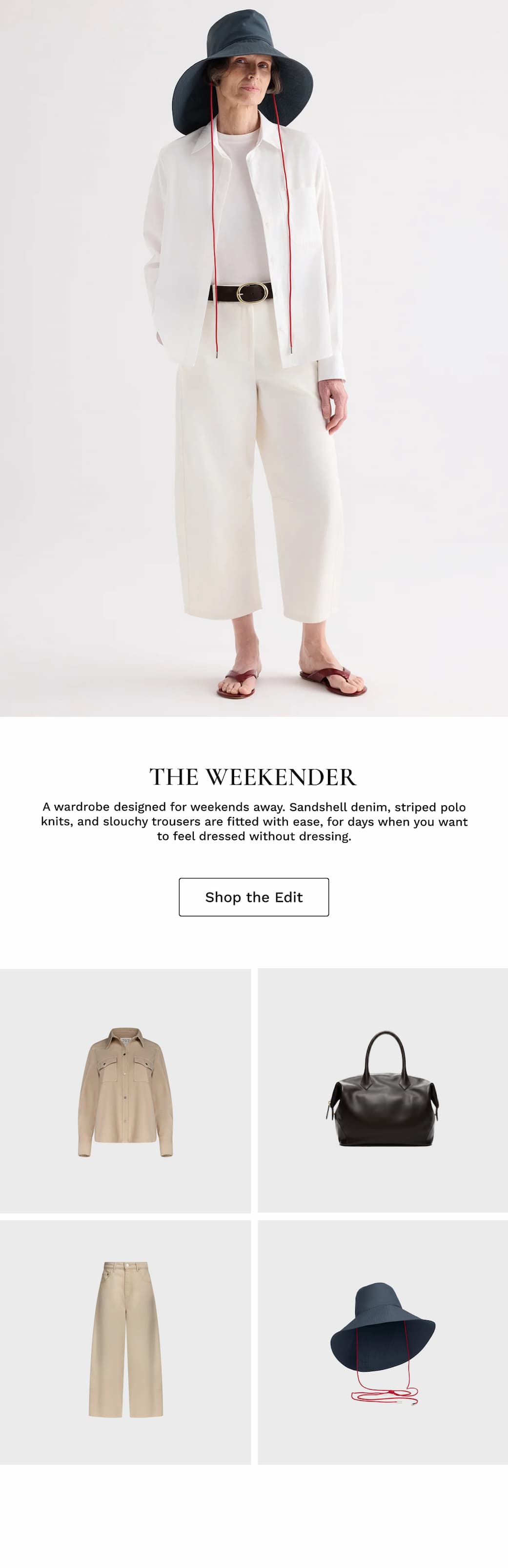 Image of a model in a white outfit and green hat followed by black text and four ghost images of TWP product.
