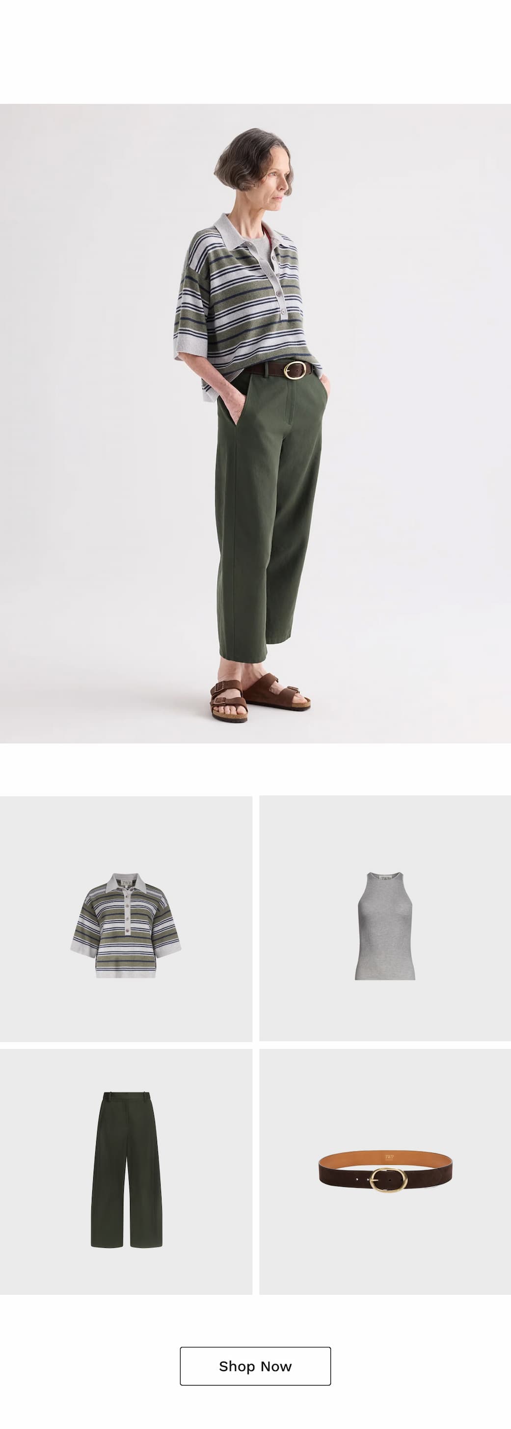 Image of a model in a green and grey outfit followed by four ghost images of TWP product and a black box that says, "Shop Now."