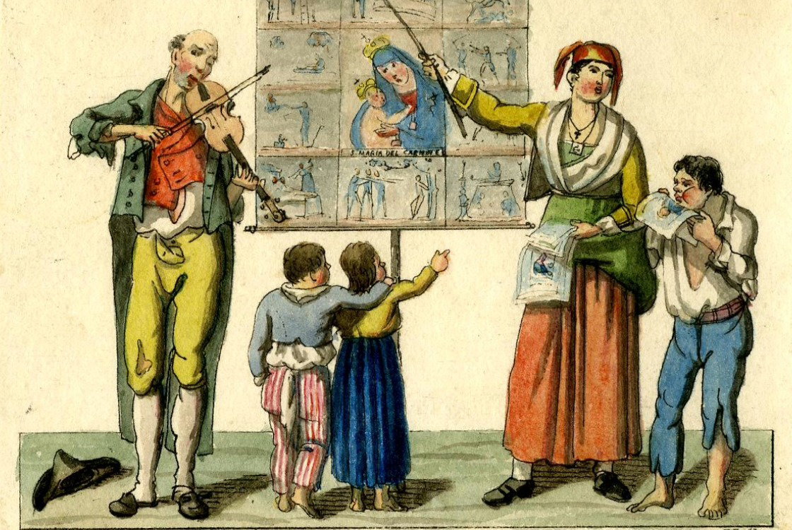 A woman teaching three children and a man playing the violin to left.