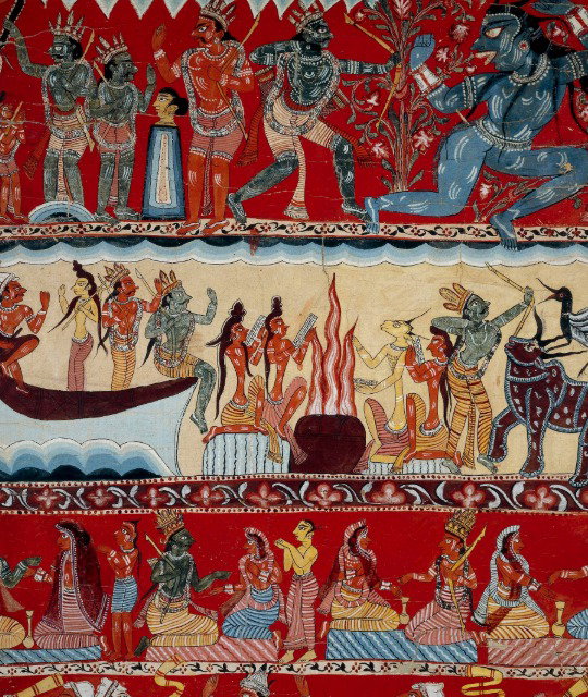 A red Benglai storytelling scroll depicting scenes from the Ramayana. 