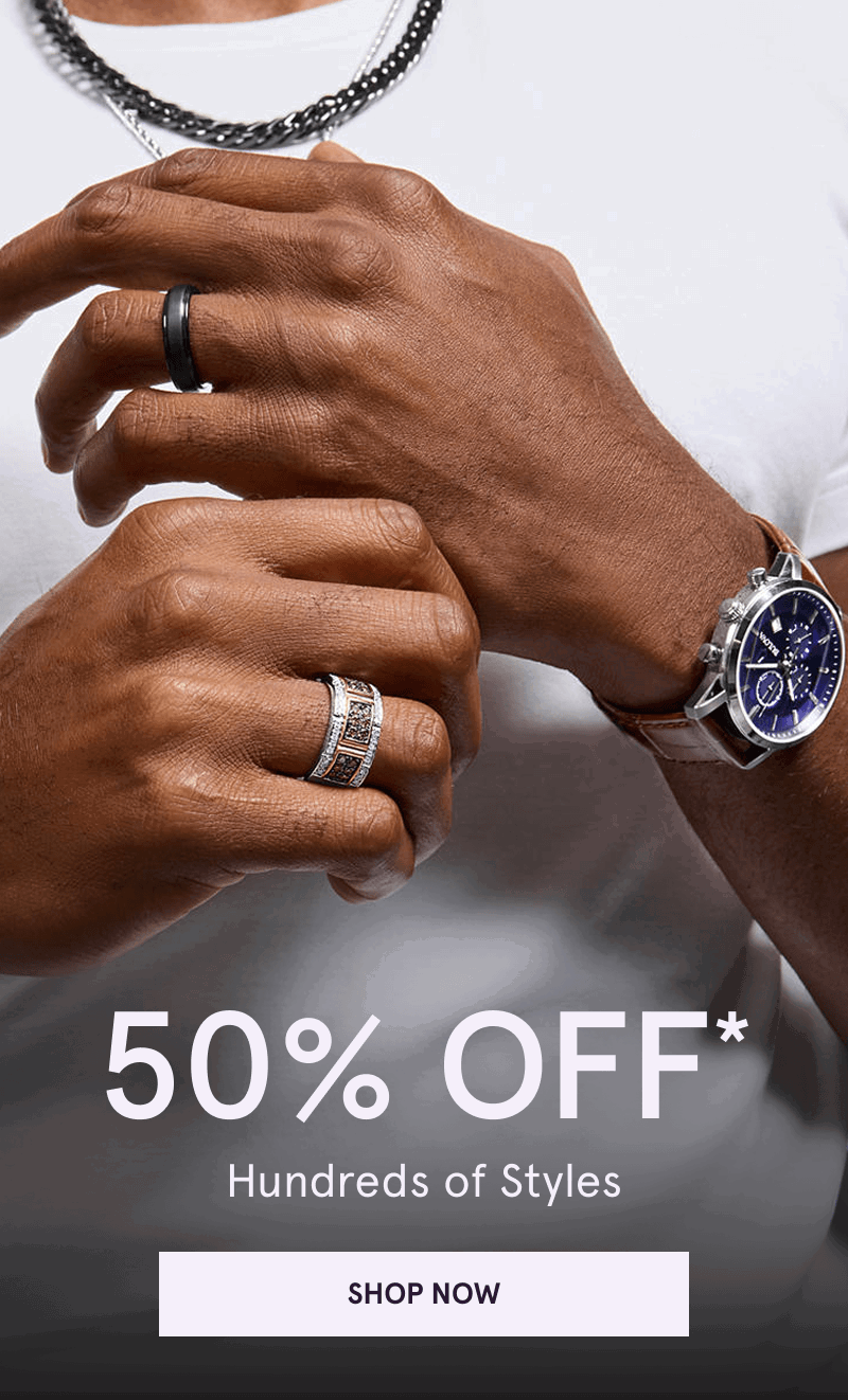 Model wearing blue dial watch, chains, black band, and two-tone ring. 50% OFF Hundreds of Styles. Click here to shop now