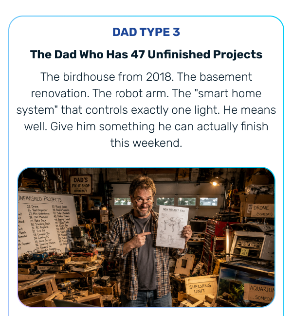  DAD TYPE 3 The Dad Who Has 47 Unfinished Projects The birdhouse from 2018. The basement renovation. The robot arm. The "smart home system" that controls exactly one light. He means well. Give him something he can actually finish this weekend. 