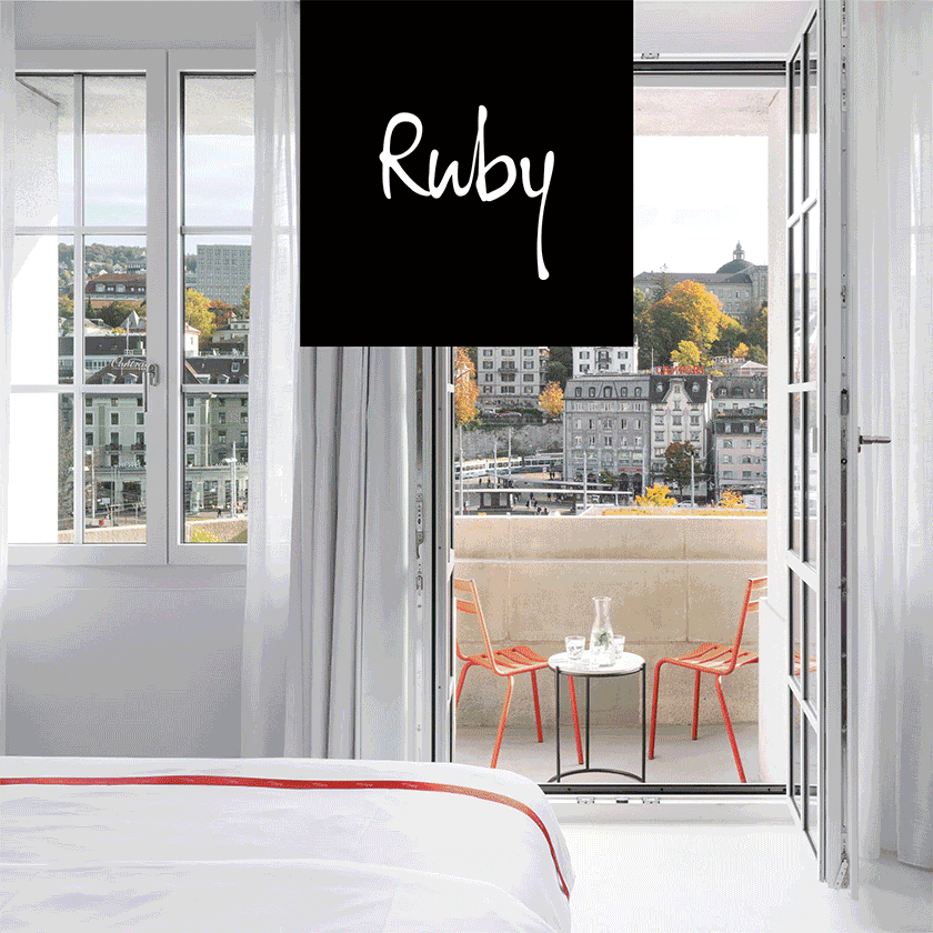 Scenes from Ruby Hotels, including a room with a city view, a sunny patio, and a moody bar.