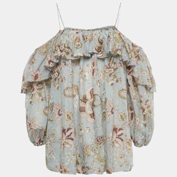 Blue Floral Print Cotton Ruffl