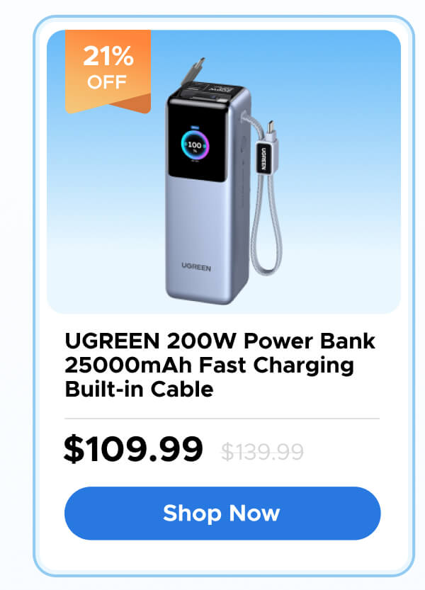 UGREEN 200W Power Bank 25000mAh Fast Charging Built-in Cable