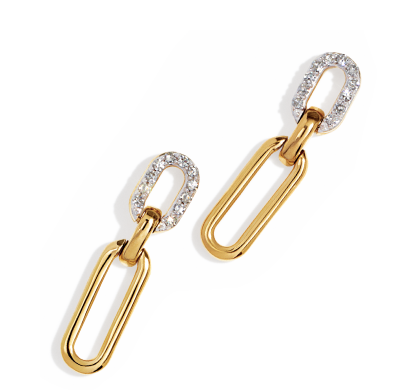 Gold chain-link drop earrings with pavé detail.