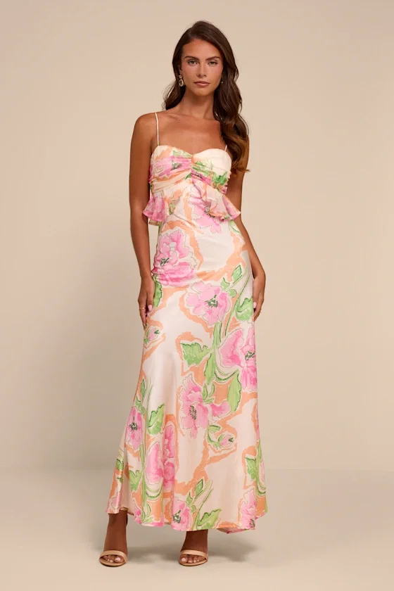 Image of Cattina Blush Multi Floral Satin Tie-Back Maxi Dress
