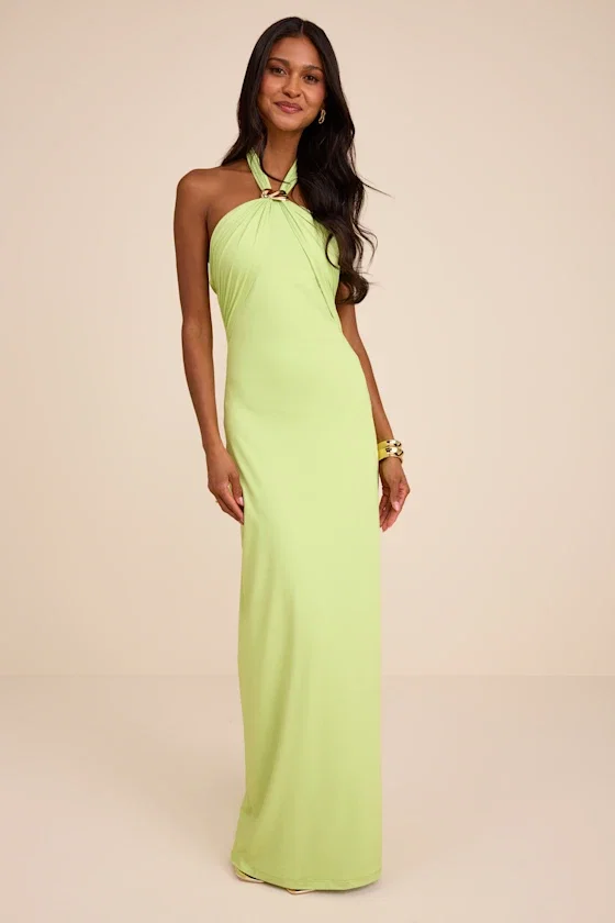 Image of Pauline Lime Green Jersey Knit Halter Maxi Dress