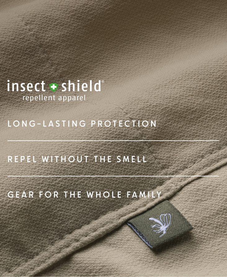 Close-up of brown fabric with text: Insect Shield Repellent Apparel. Long-Lasting Protection.Repel without the smell. Gear for the whole family
