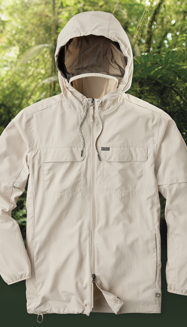 A Insect Shield jacket with a jungle background.
