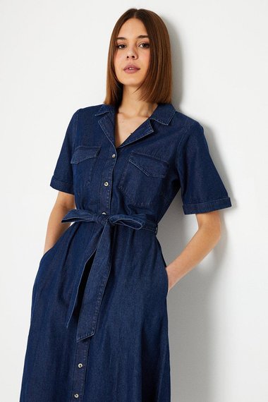 Denim Belted Button Through Midi Dress