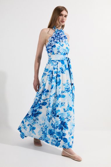 Petite Rosette Ruffle Woven Maxi Halter Dress