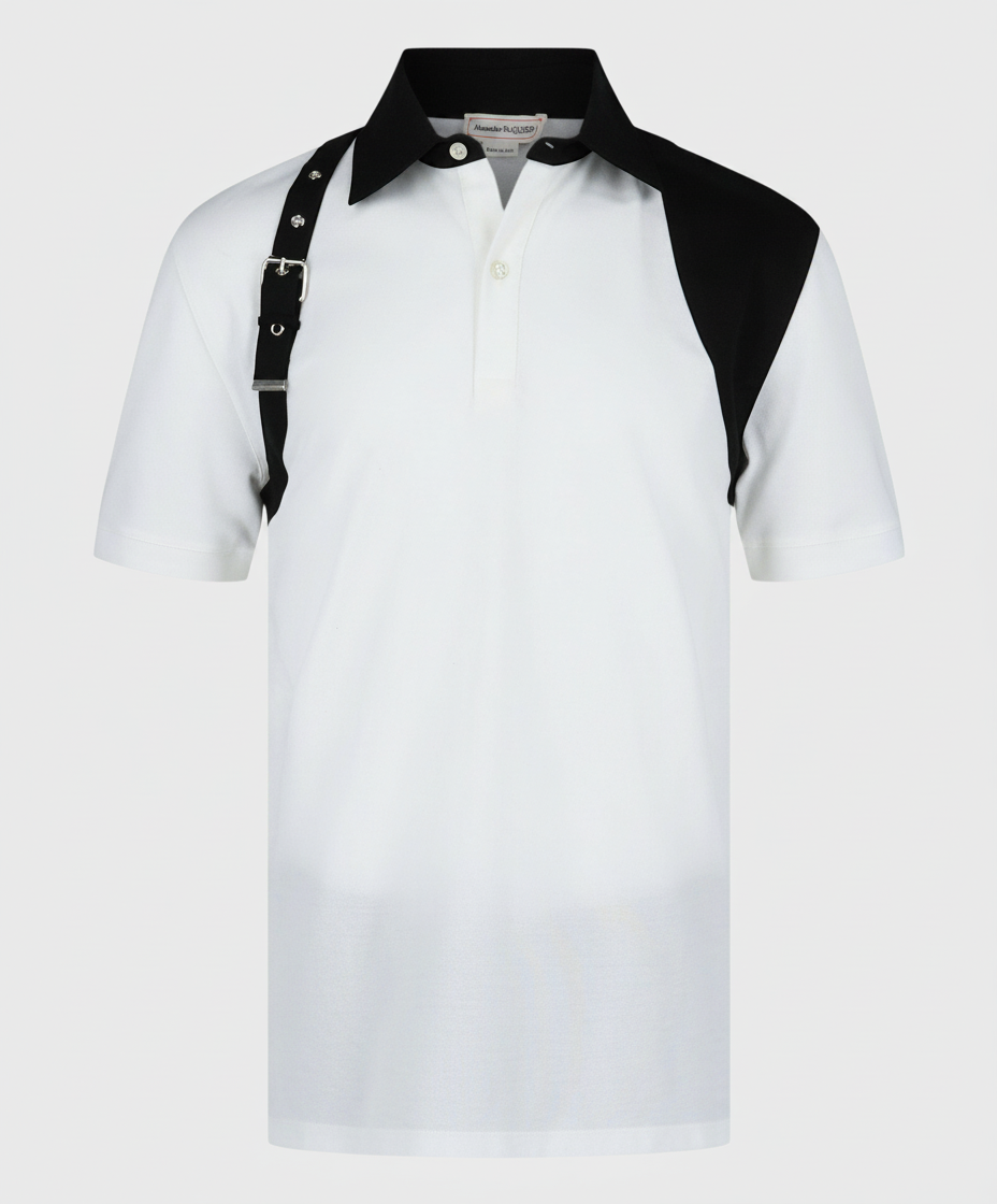 White polo shirt with black harness detail and black collar.