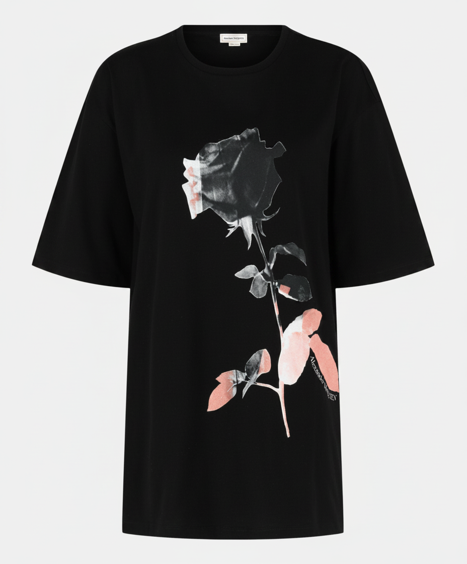 Black t-shirt with a graphic of a rose in shades of black, white, and pink.