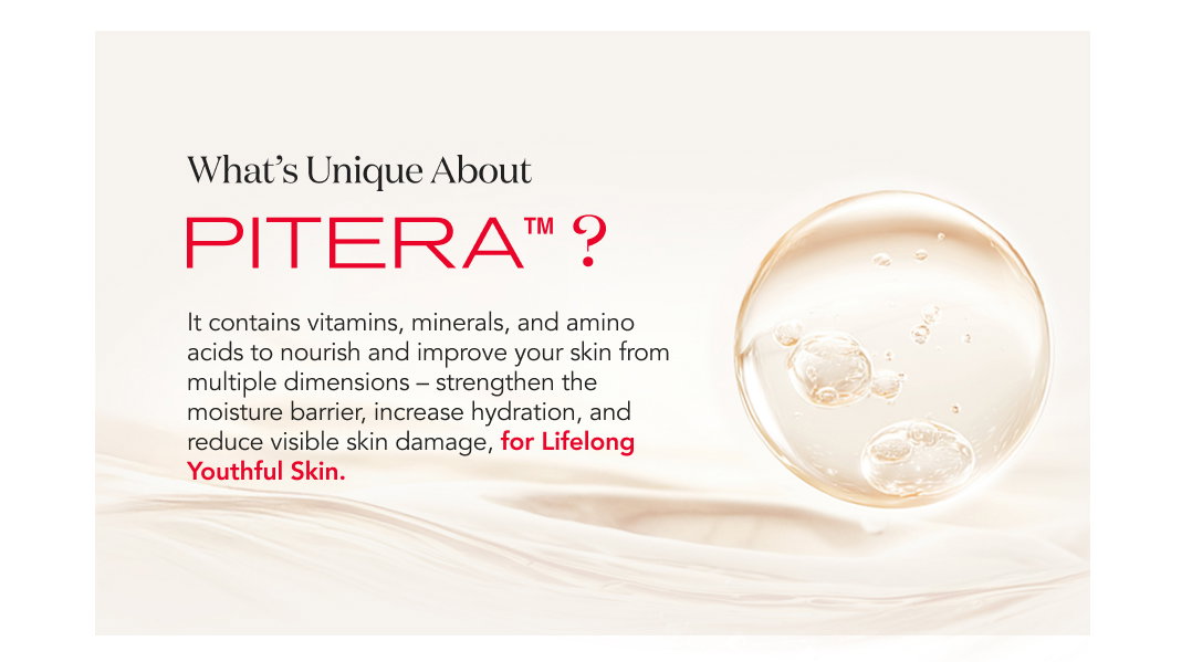 Close-up of PITERA™ ingredient droplet with text explaining its vitamins, minerals, and amino acids that improve skin and support lifelong youthful-looking skin.