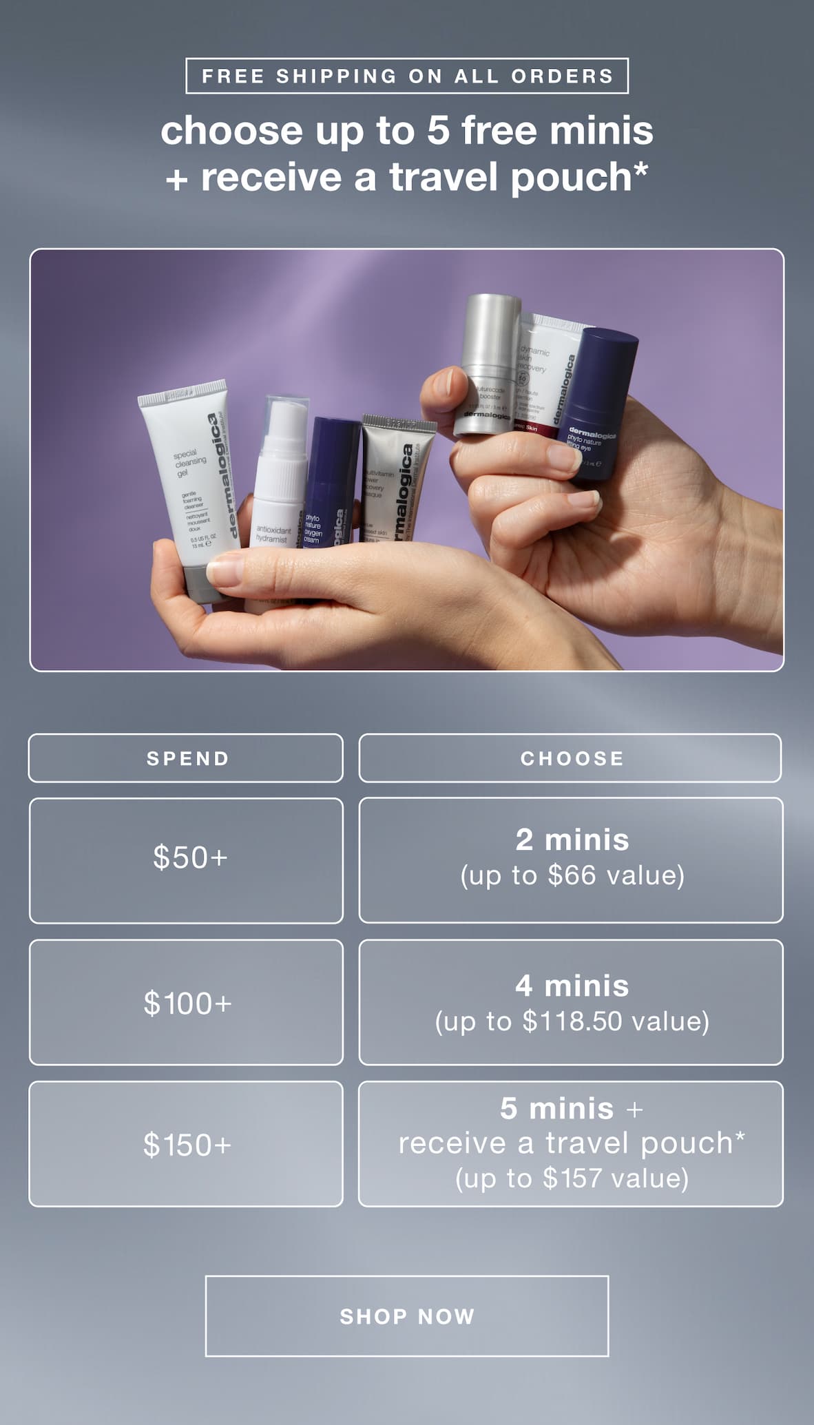 FREE SHIPPING ON ALL ORDERS | choose up to 5 free minis + receive a travel pouch | spend $50+ | choose 2 minis (up to $66 value) | spend $100+ | choose 4 minis (up to $118.50 value)  | spend $150+ | choose 5 minis + receive a free travel pouch (up to $157 value) | SHOP NOW