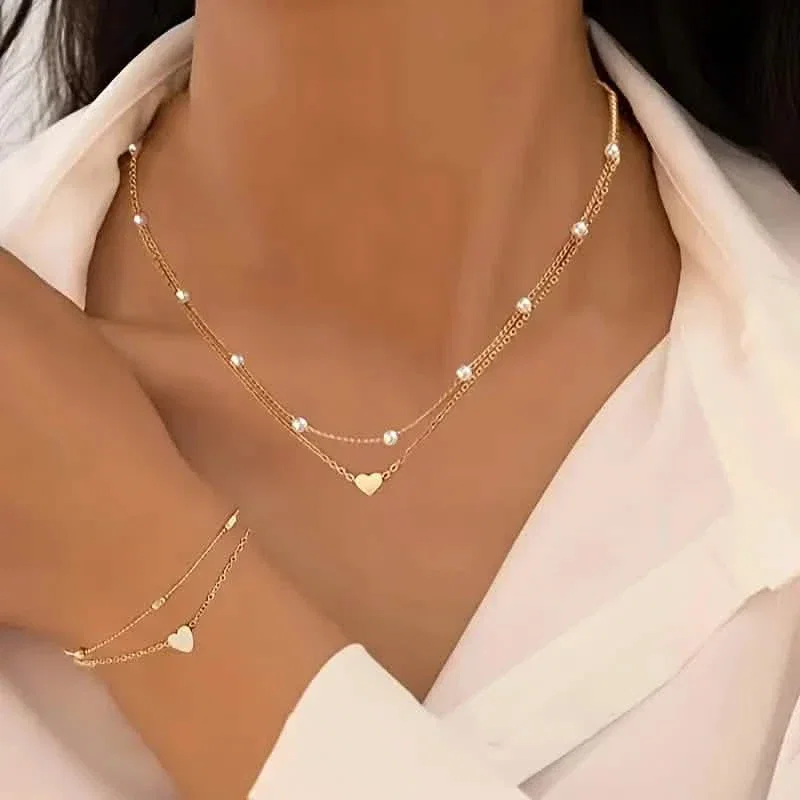 Image of 3pcs Heart Necklace & Bracelet Set for Women