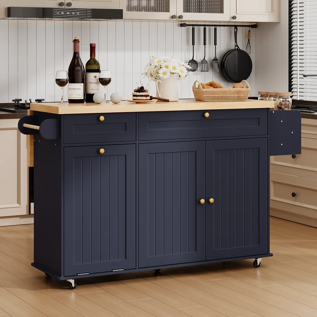 Jamera 60.2"W Kitchen Island with Two Large Storage Cabinets And Drawers, Locking Wheels