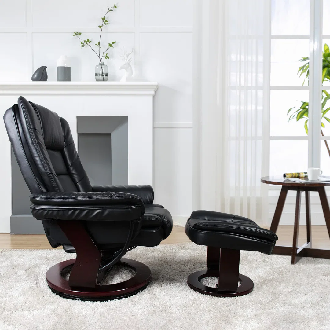 32" Contemporary Leather Recliner and Ottoman with Swiveling Mahogany Wood Base