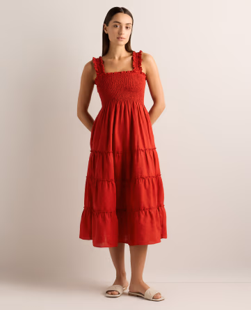100% European Linen Smocked Midi Dress