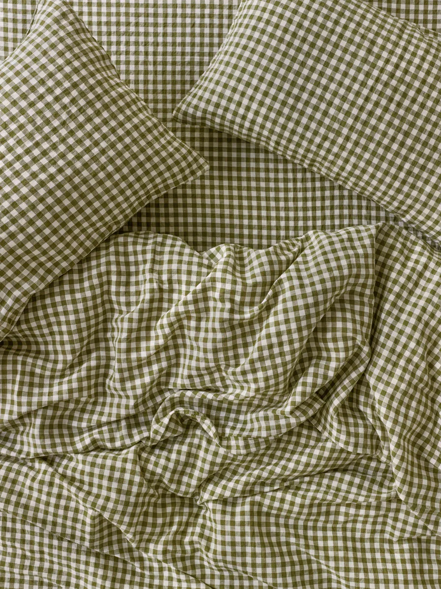 Image of Botanical Green Gingham Linen Blend Duvet Cover