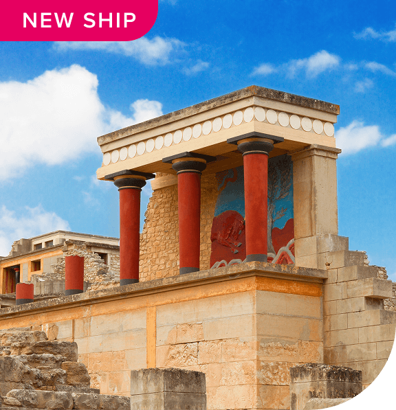 New Ship! A section of the restored Knossos palace with red columns and a fresco, under a blue sky.