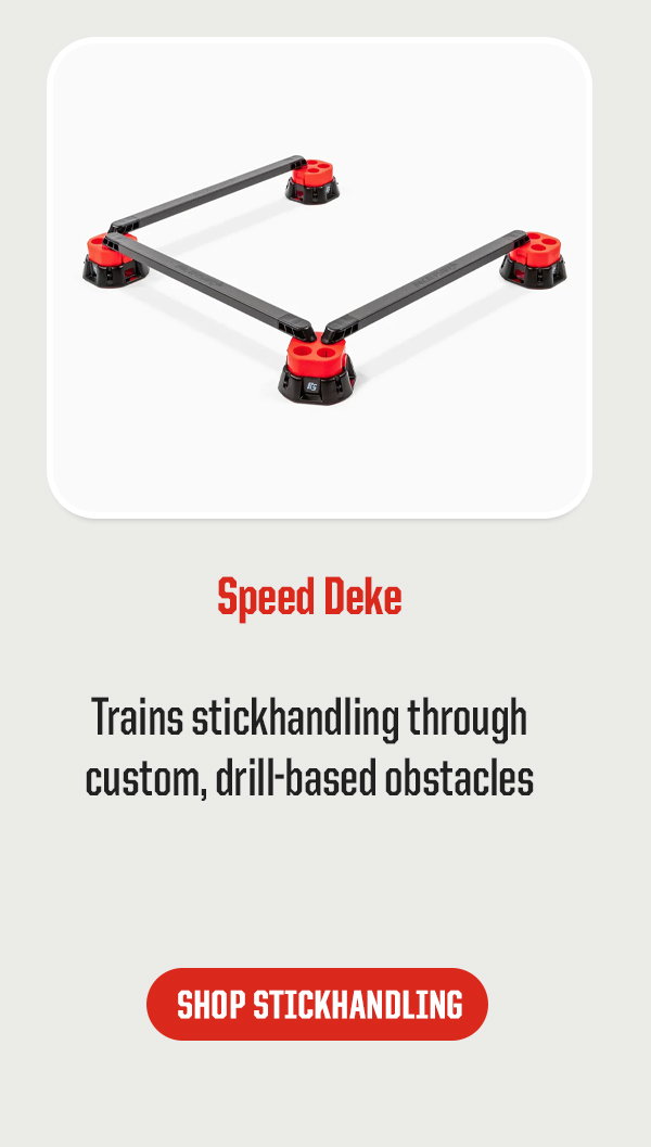 Product Block 4: Speed Deke. Trains stickhandling through custom, drill-based obstacles. CTA: Shop Stickhandling