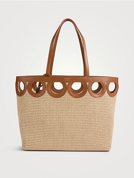 Large Leather-Trimmed Raffia Tote Bag