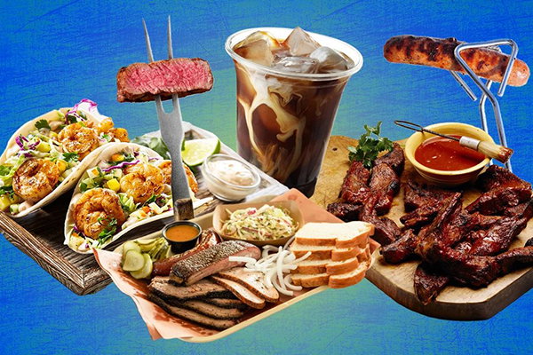 Collage of delicious looking food and drinks.