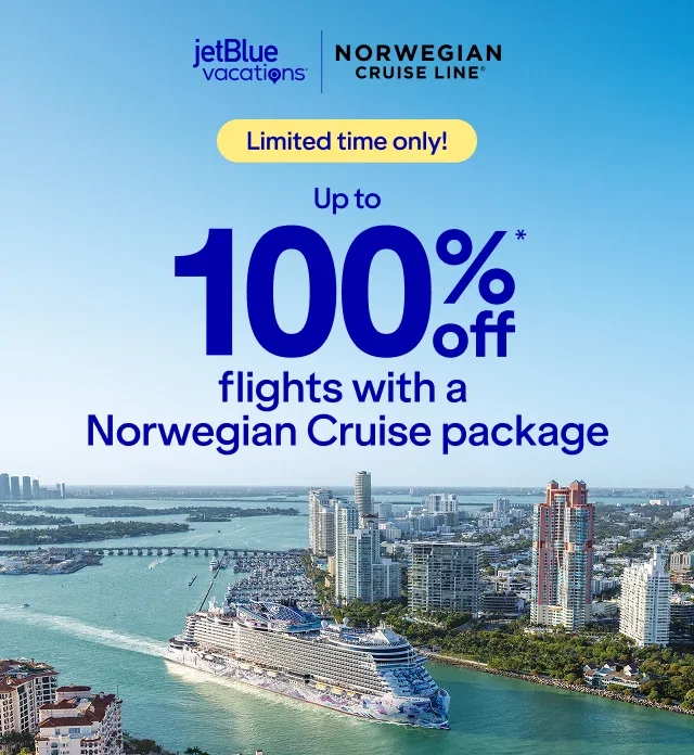 Limited time only! Up to 100% off* flights with a Norwegian Cruise package. Click here to learn more.