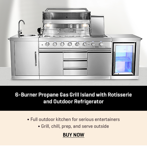 6-Burner Propane Gas Grill Island with Rotisserie and Outdoor Refrigerator