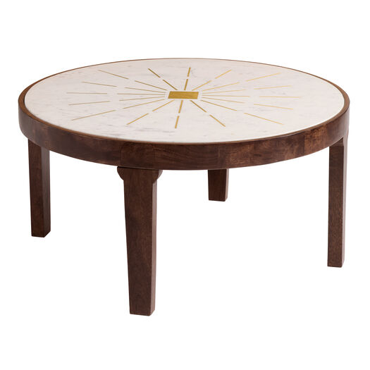 CRAFT Prana White Marble and Wood Brass Inlay Coffee Table