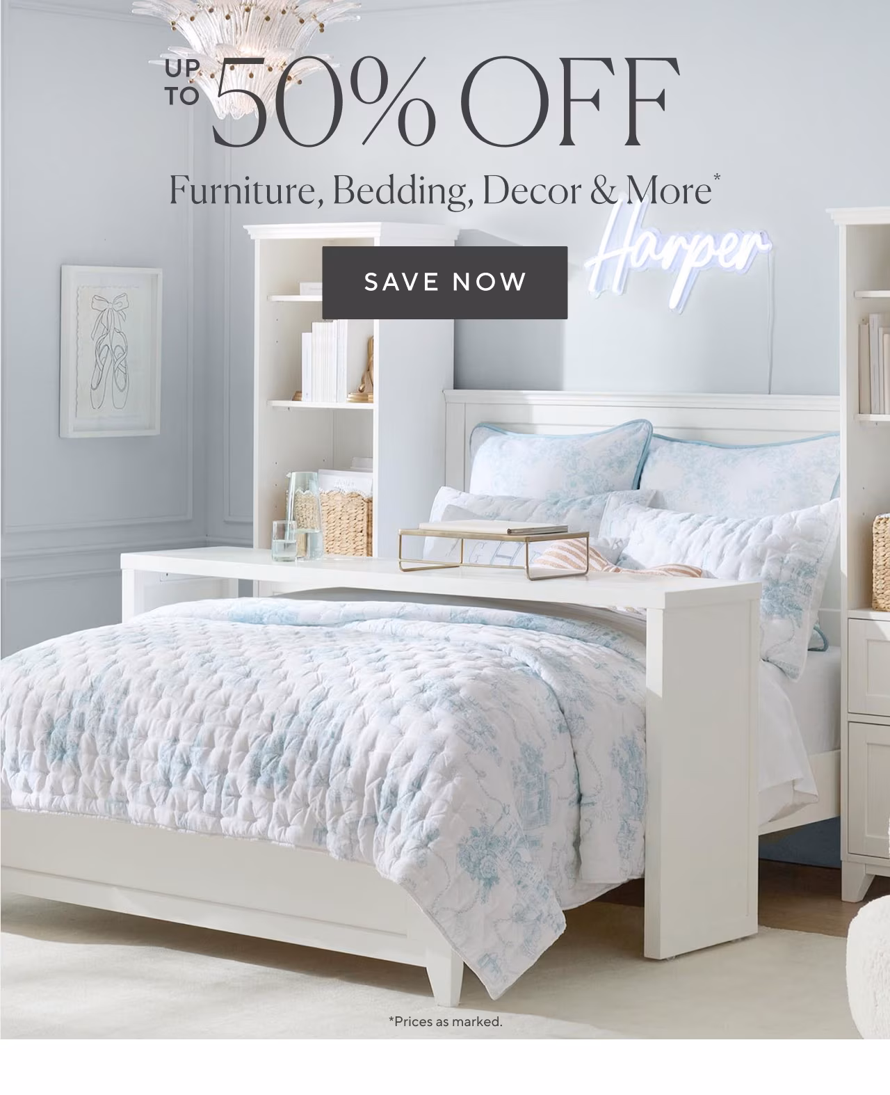 Up to 50% off furniture, bedding, decor, and more