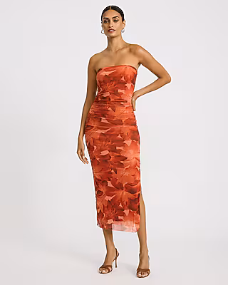 Printed Mesh Strapless Ruched Midi Tube Dress