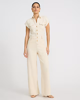 Stretch Denim Short Sleeve Wide Leg Jumpsuit