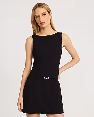 Crepe Boat Neck Sleeveless Belted Mini Sheath Dress