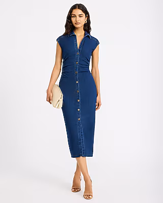 Stretch Denim Cap Sleeve Button Front Midi Dress