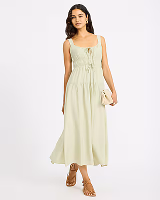 Scoop Neck Tie Front Keyhole Tiered Midi Dress