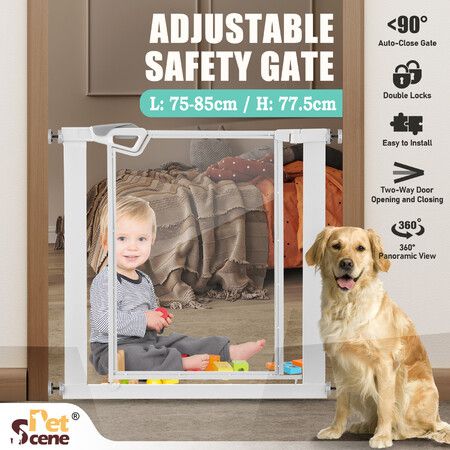 Clear Pet Dog Safety Gate Enclosure Adjustable Security Barrier Guard Fencing for Kitchen Stair Door Way 77.5cm Height 10cm Extension White