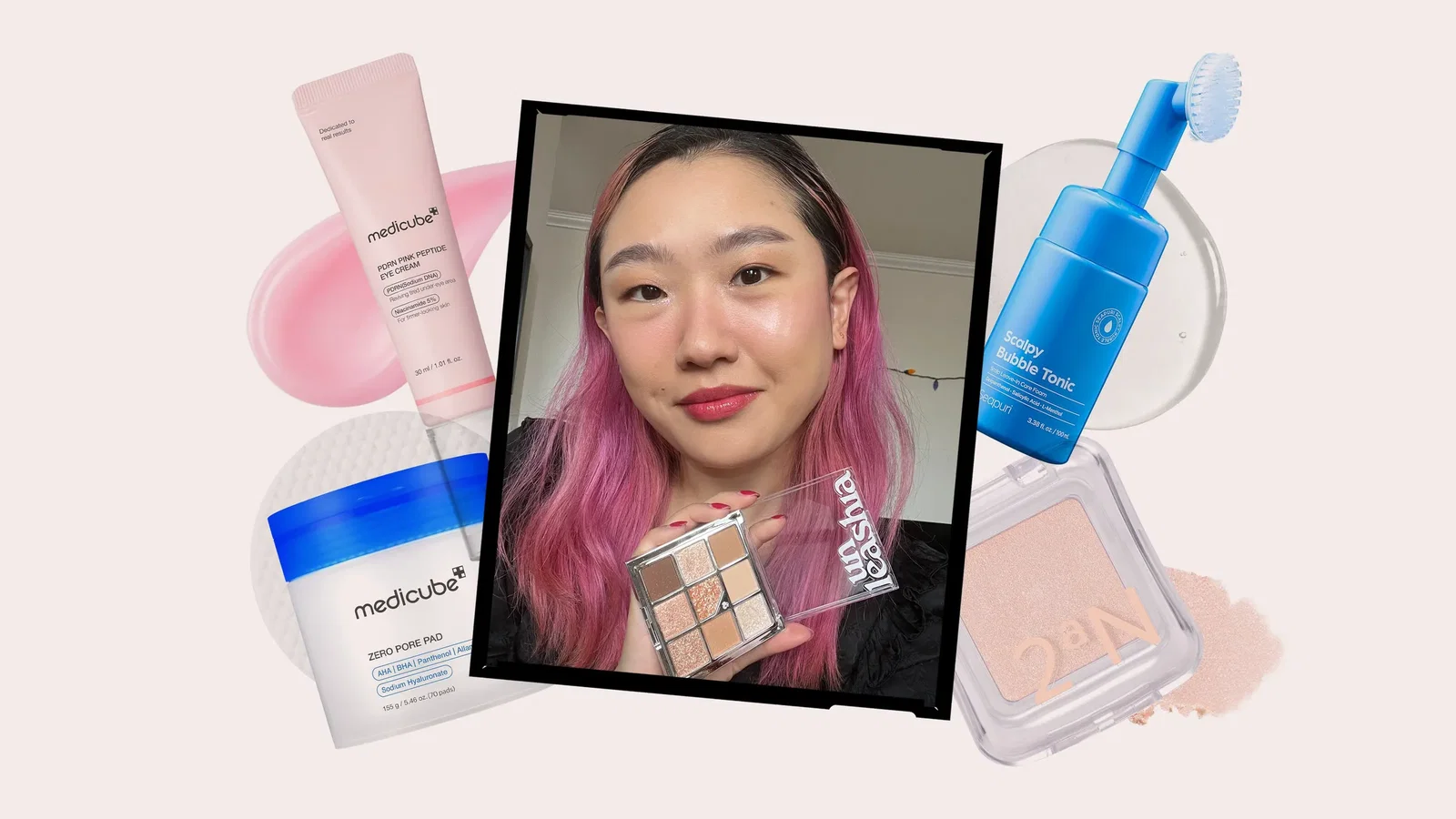Image contains Allure contributing commerce writer Christa Joanna Lee holding the Clio Kill Cover Cushion Foundation, surrounded by a collage of Korean beauty products for the best early Amazon Prime Day K-beauty deals