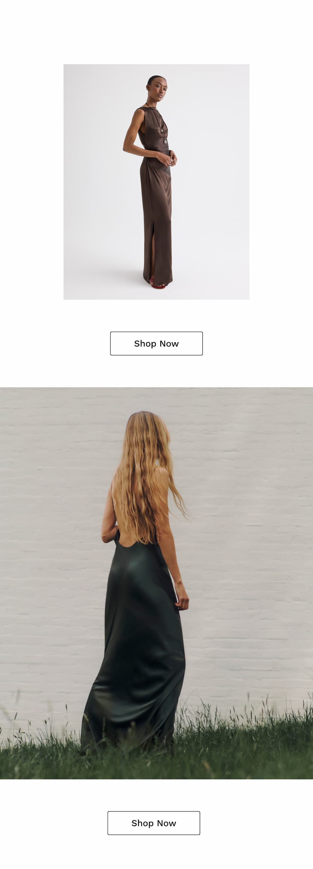 Image of a model in a brown silk dress followed by a backshot of a model in a green dress.
