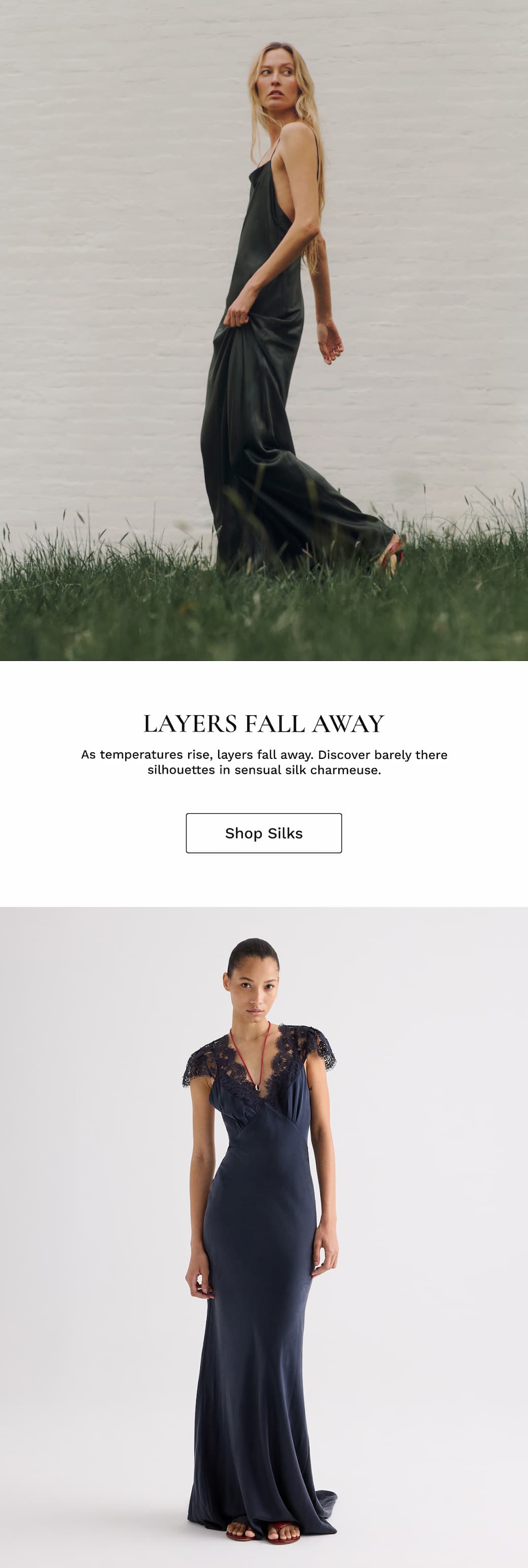 Image of a model in a green silk dress followed by black text and an image of a model in a navy silk dress.