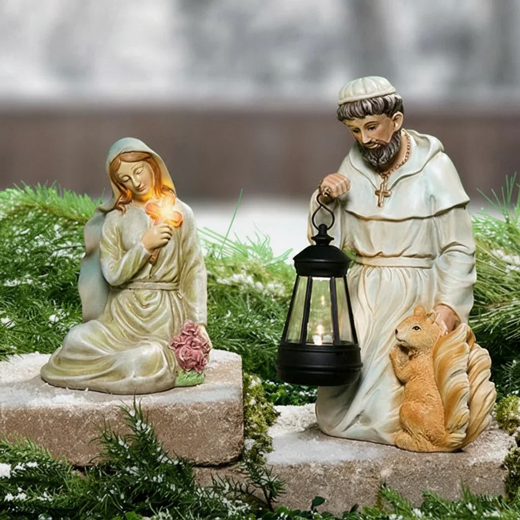 Image of Solar Saint Statues – Mary with Cross and St. Francis with Lantern