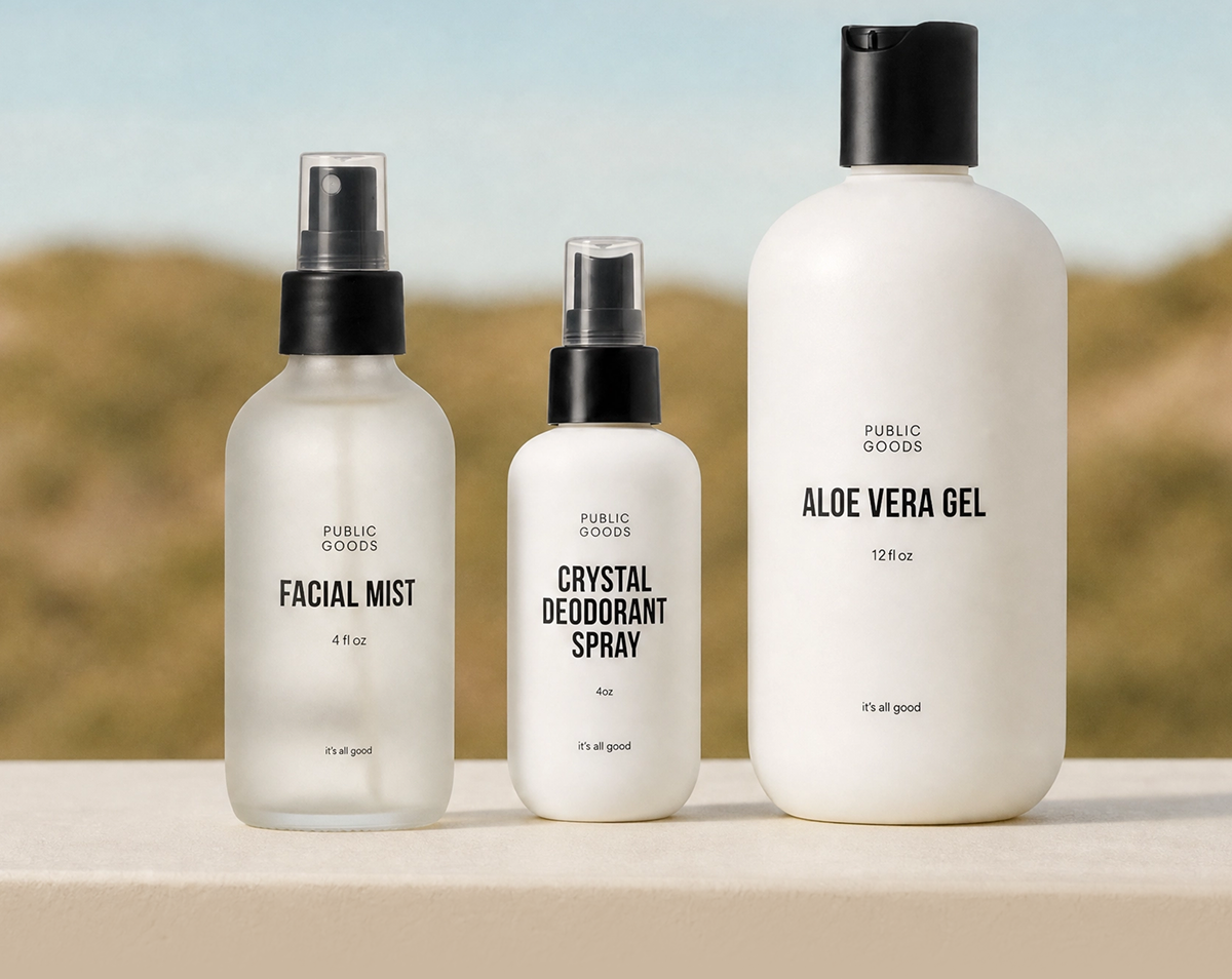 PUBLIC GOODS FACIAL MIST 4 fl oz it's all good PUBLIC GOODS CRYSTAL DEODORANT SPRAY 4oz it's all good PUBLIC GOODS ALOE VERA GEL 12 fl oz it's all good