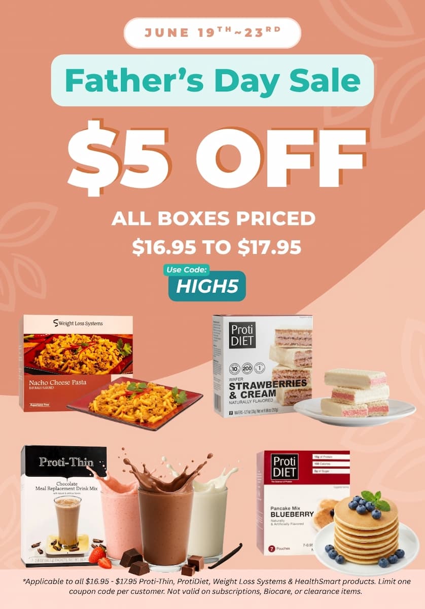 Father's Day Sale graphic, June 19 to 23. $5 off all boxes priced $16.95 to $17.95. Use code HIGH5. Featured products include Weight Loss Systems Nacho Cheese Pasta, ProtiDiet Strawberries and Cream Wafers, Proti-Thin Chocolate Meal Replacement Drink Mix, and ProtiDiet Blueberry Pancake Mix. Applicable to all $16.95 to $17.95 Proti-Thin, ProtiDiet, Weight Loss Systems, and HealthSmart products. One coupon code per customer. Not valid on subscriptions, Biocare, or clearance items.