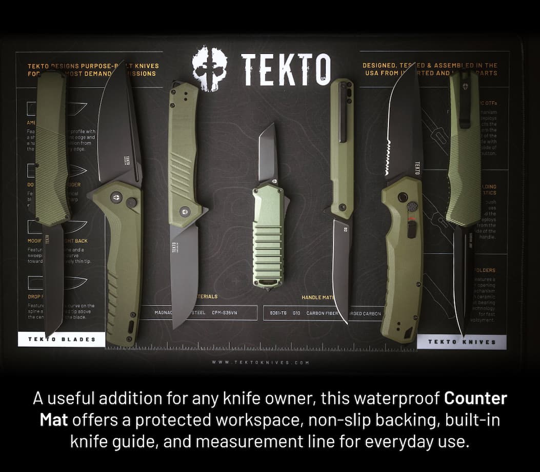 Tekto Counter Mat with green knives on top of it.