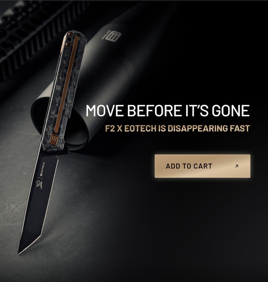 Tekto F2 x EOTECH knife displayed against a dark tactical background with Black Friday sale pricing shown: $135.99 discounted from $169.99. Low stock alert above.